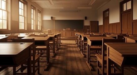 Nostalgic elementary classroom scene, sunlit desks and blackboard evoke memories of learning and growth