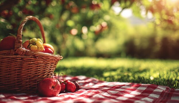 Picnic basket filled with fresh produce in a garden setting