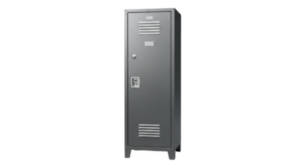 Isolated gray metal locker standing upright against a white background, featuring vents and a handle.
