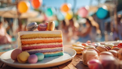Colorful birthday cake slice amongst colorful macarons at a party