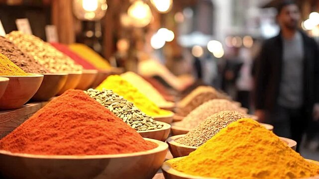 Spices in bowls arranged in a row at a market with figures blurred in the background