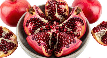 Fresh ripe pomegranate cut open revealing juicy arils healthy fruit food photography