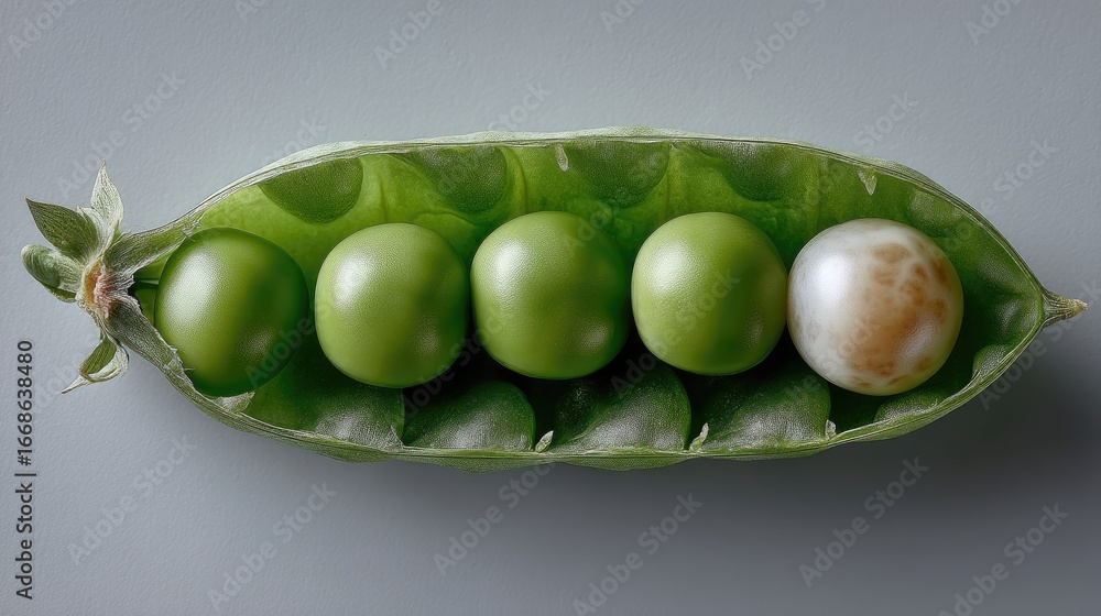 Aufkleber fresh green peas nestled in a pod with one unique pea showing a different color