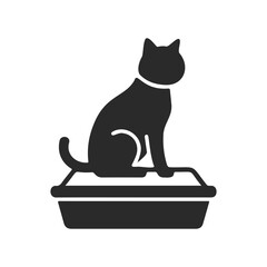 Silhouette of cat sitting on litter box in black icon design