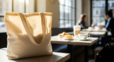 Stylish reusable tote bag sitting in cafe with croissants and friends, sustainable lifestyle