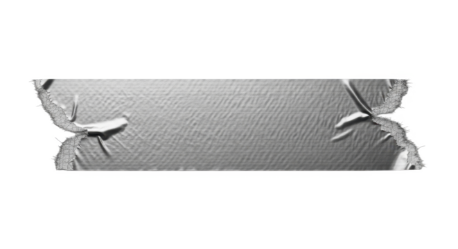 Close-up of a strip of silver duct tape, torn at both ends, isolated on a white background.