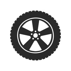 Fototapeta premium Black and white car tire icon with detailed tread and rim