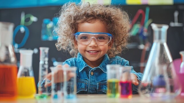 A young child wearing safety goggles and a denim jacket, sitting at a table with various science beakers and bottles, engaged in a science experiment.