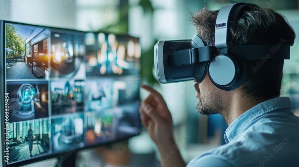 Poster a man wearing a vr headset and interacting with a virtual environment on a large monitor.