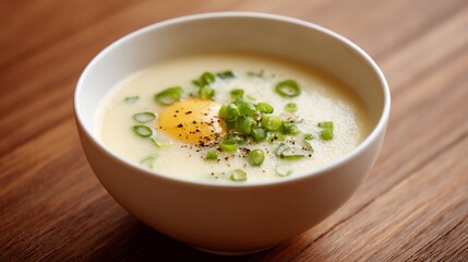 Creamy soup with yolk, green onion, pepper in white bowl on wood surface
