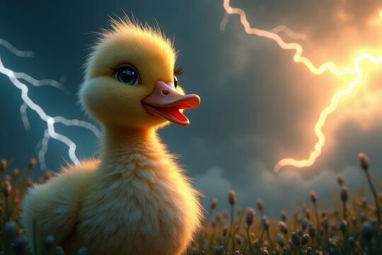 Adorable yellow duckling braves a thunderstorm in a field