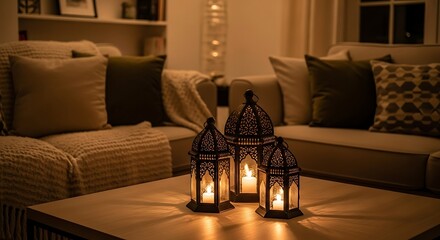 Warm glowing lanterns illuminate cozy living room creating a peaceful, inviting atmosphere for relaxation