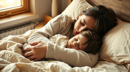 Mother and child sleeping peacefully in bed