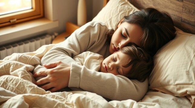 Mother and child sleeping peacefully in bed - Powered by Adobe