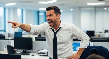 Businessman angrily pointing in an office environment, with coworkers visibly surprised in the background