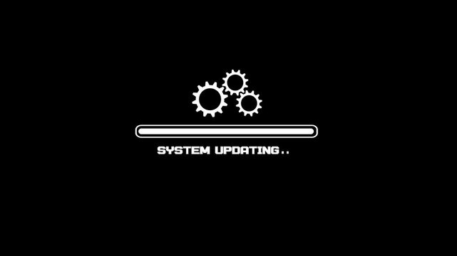 System updating progress bar with gears animation on black background