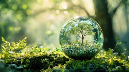 A glass sphere containing a tree inside a forest setting.