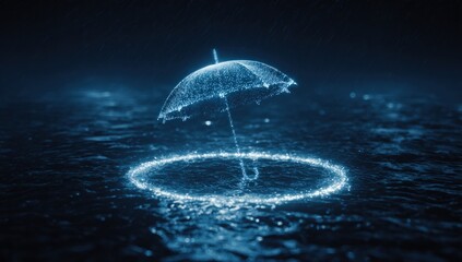 Glowing umbrella in dark water