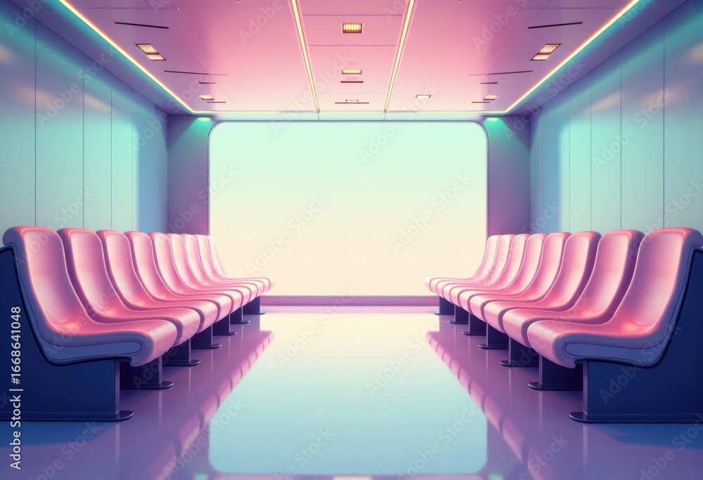 Poster modern seating aisle with illuminated step lights and blank wayfinding display
