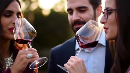 Three smiling friends, clinking glasses of red wine during a bright outdoor gathering, enjoying each other's company, illuminated by sunlight - Powered by Adobe