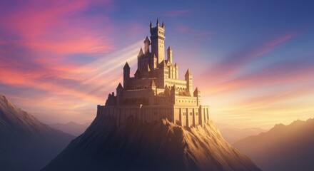 Obraz premium Grand Fantasy Citadel on a Mountain Peak, Illuminated by Radiant Sunset Rays