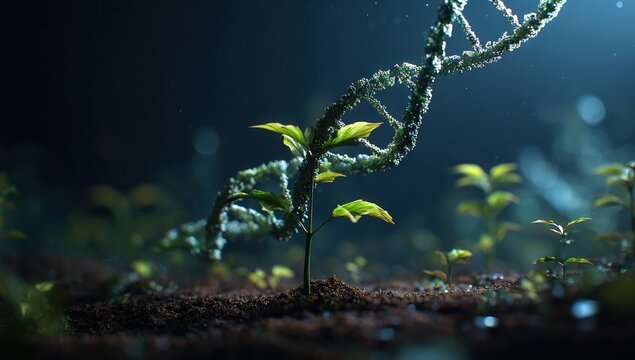 A young plant sprouts from soil, DNA helix entwined