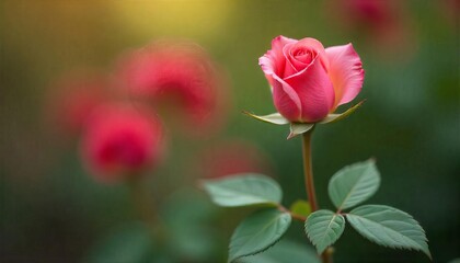 Pink rose bloom with blurred background and foliage