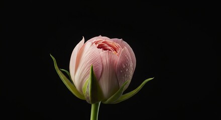 Pink rose bud opening against black background