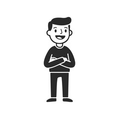 Smiling male cartoon character with crossed arms in black and white
