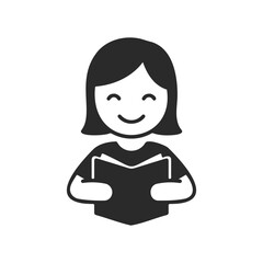 Smiling female child icon reading a book in black and white design