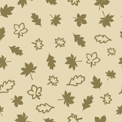 Seamless minimal autumn leaf pattern on beige background, foliage seasonal fall design for  wallpaper, packaging, wrapping, and thanksgiving decoration.