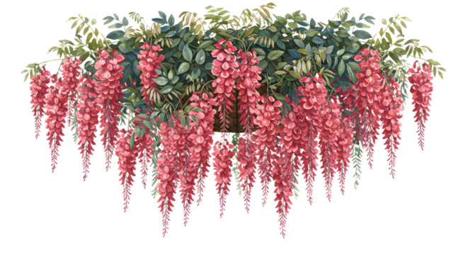 Hanging pink flowers with green foliage, ideal for decoration and floral design inspiration - Isolated White Background - Powered by Adobe
