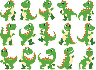 Obraz premium Set of 15 cute cartoon dinosaurs, green baby dino characters, smiling, standing, walking, kids illustration, vector art, isolated