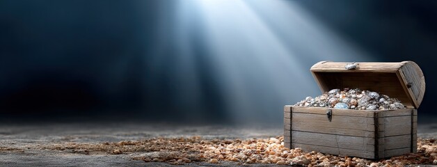Treasure chest overflowing with jewels and coins, illuminated by dramatic light in a dimly lit setting, evoking mystery and adventure
