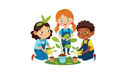 Children planting a small tree together outdoors learning about nature