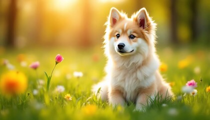 Pomeranian dog sitting in wildflowers