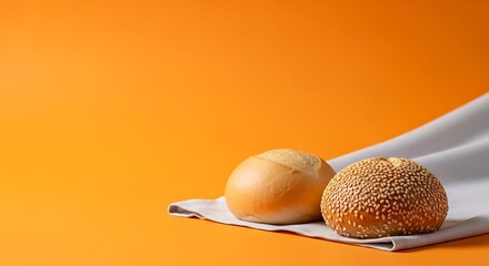 Freshly baked bread rolls, one plain, one sprinkled with sesame seeds, presented on a cloth