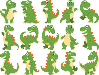 Set of 15 cute cartoon dinosaurs, green baby dino characters, smiling, standing, walking, kids illustration, vector art, isolated