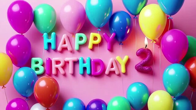 Colorful balloon clusters with HAPPY BIRTHDAY balloon text and pink background, featuring number 2 balloon for second birthday
