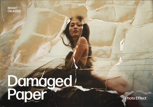 Damaged Paper Photo Effect Mockup Template with Torn Wrinkled Vintage Paper Crease Texture Overlay