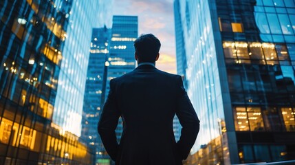 A man in a suit standing in front of a modern office building at sunset.