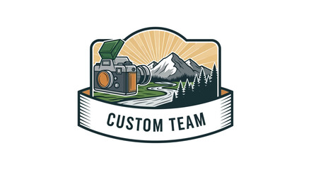 Retro photography team logo with a vintage camera set against a mountain landscape. Emblem for outdoor adventure, nature, and travel photographers