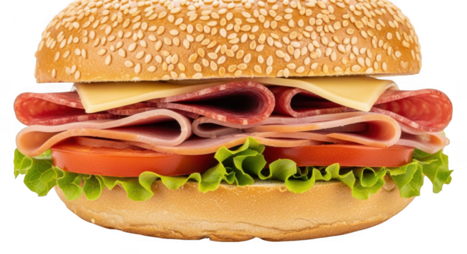 Delicious ham and cheese sandwich with fresh lettuce and tomato on a sesame seed bun