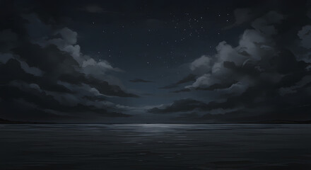 Fototapeta premium Nightfall's Embrace: A serene scene under the moonlit sky, where a celestial dance unfolds, inviting contemplation of the vast unknown.