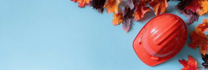 Orange hard hat with autumn leaves on light blue background. Construction themed fall