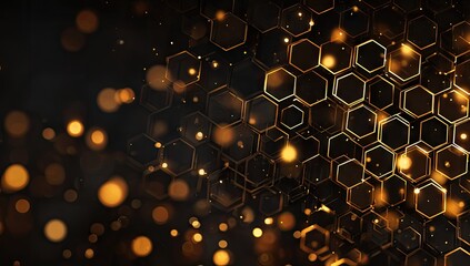 Abstract gold honeycomb pattern with bokeh lights, dark background