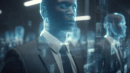 Futuristic AI assistant projects holographic criminal profiles high tech environment, showcasing advanced technology and digital innovation. scene is illuminated with blue glow, emphasizing modern