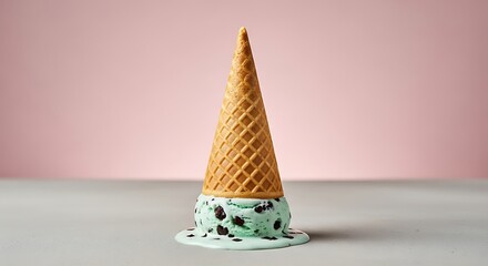 Mint chocolate chip ice cream cone melting, a delightful sweet treat on a textured surface.