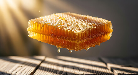 Honeycomb floating in air with sunlight and dripping honey