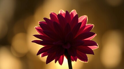 Red dahlia flower blooms against a golden blurred background